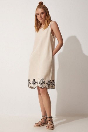 Женское кремовое летнее платье трапециевидной формы из необработанного льна с вышивкой MX00093