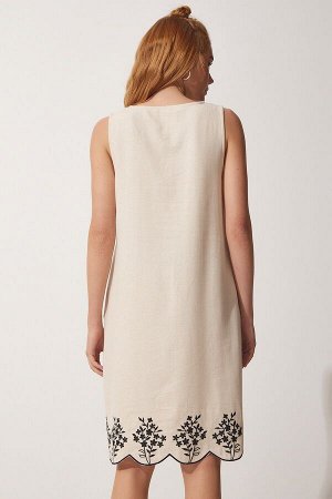 Женское кремовое летнее платье трапециевидной формы из необработанного льна с вышивкой MX00093