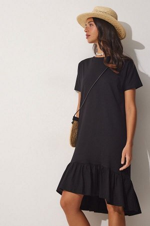 Женское черное летнее трикотажное платье из вискозы с воланами AP00186