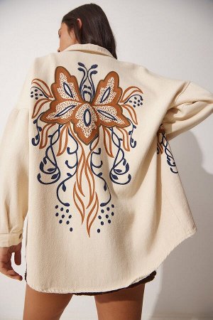 Женская кремовая льняная куртка-рубашка с принтом бабочек SA00013