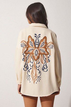 Женская кремовая льняная куртка-рубашка с принтом бабочек SA00013