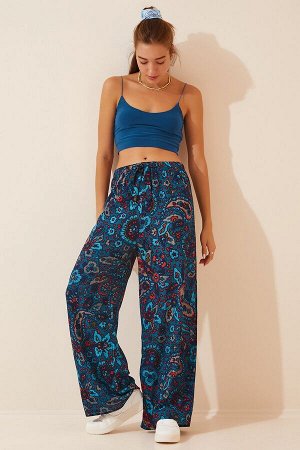 Женские летние свободные брюки из вискозы темно-кобальтового синего цвета с высокой талией BH00354