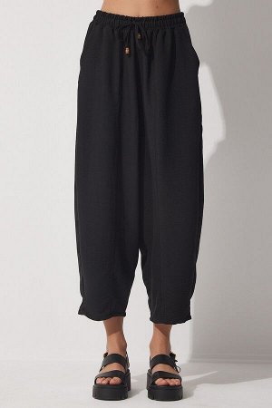 Женские яркие черные льняные брюки-шалвар из вискозы с карманами CV00001