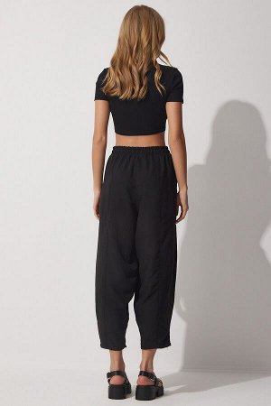 Женские яркие черные льняные брюки-шалвар из вискозы с карманами CV00001