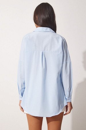 Женская длинная базовая рубашка оверсайз небесно-голубого цвета DD00842