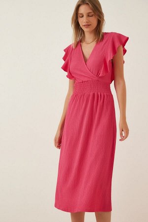 Женское розовое трикотажное платье с воланами CI00025