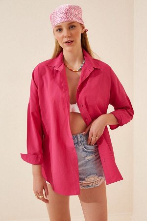 Женская темно-розовая длинная базовая рубашка оверсайз DD00842