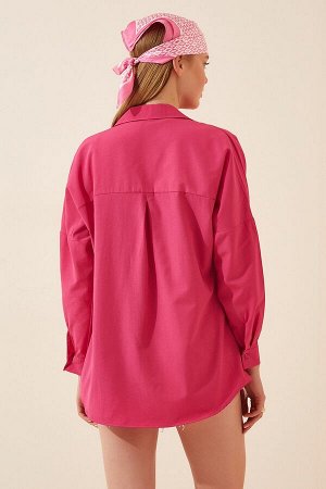 Женская темно-розовая длинная базовая рубашка оверсайз DD00842