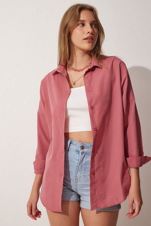 Женская длинная базовая рубашка оверсайз темно-розового цвета DD00842