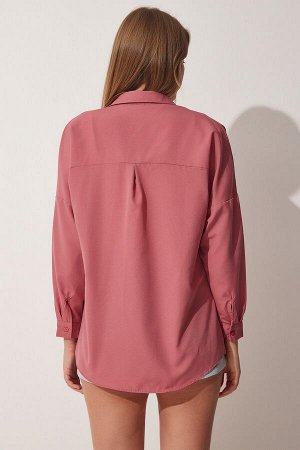 Женская длинная базовая рубашка оверсайз темно-розового цвета DD00842