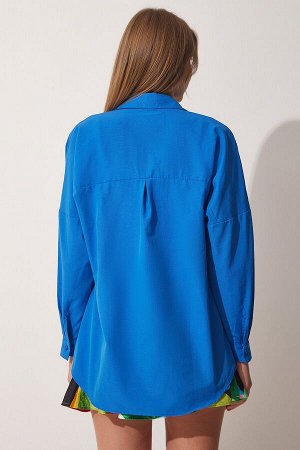 Женская ярко-синяя длинная базовая рубашка оверсайз DD00842