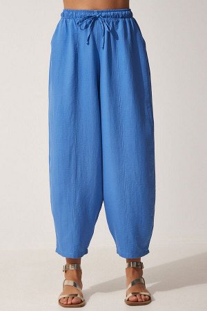 Женские синие льняные брюки-шалвар из вискозы с карманами CV00001