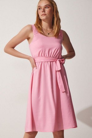 happinessistanbul Женское розовое летнее платье с поясом и поясом ZH00028