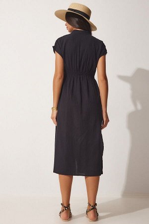 Женское черное льняное платье-рубашка с магнитным воротником MX00096