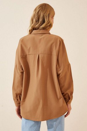 Женская длинная базовая рубашка светло-коричневого цвета оверсайз DD00842