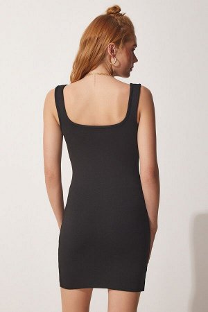 Женское черное стильное летнее трикотажное платье саран на пуговицах YY00145