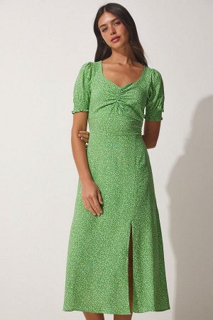 Женское зеленое летнее вискозное платье с вырезом сердечком и сборками CI00084
