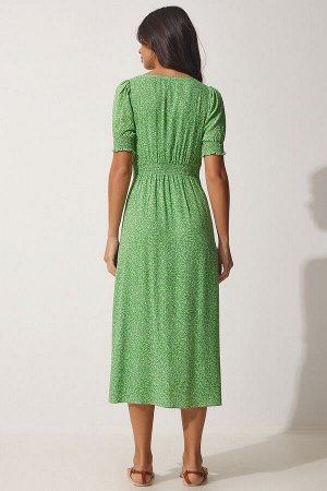 Женское зеленое летнее вискозное платье с вырезом сердечком и сборками CI00084