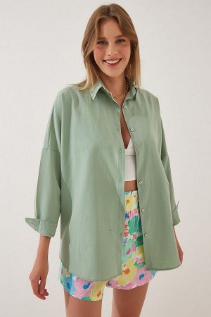 Женская светло-зеленая длинная базовая рубашка оверсайз DD00842