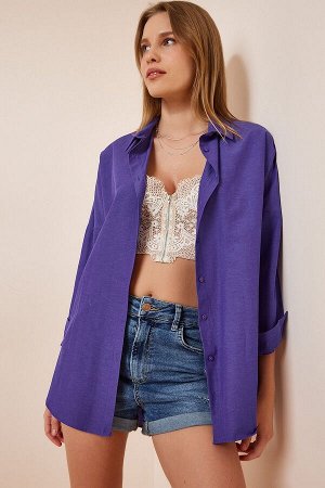 Женская фиолетовая длинная базовая рубашка оверсайз DD00842
