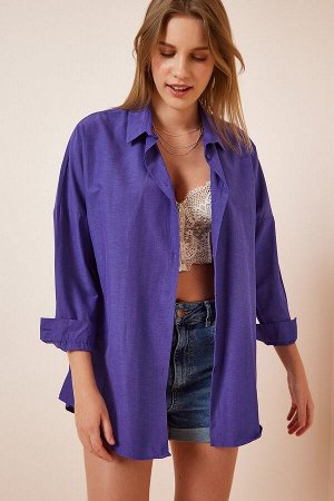 Женская фиолетовая длинная базовая рубашка оверсайз DD00842