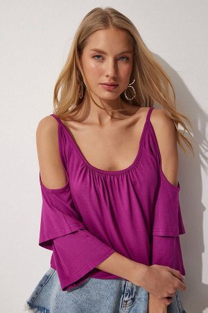 Женская вискозная трикотажная блузка сливового цвета с воланами EN00600
