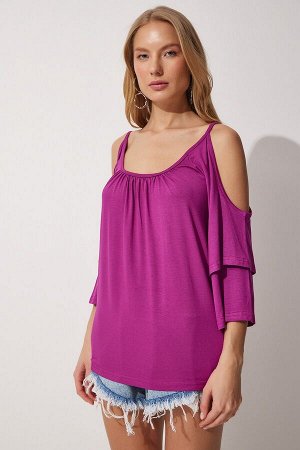 Женская вискозная трикотажная блузка сливового цвета с воланами EN00600