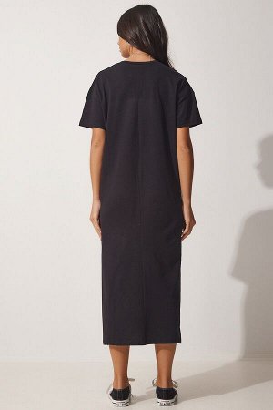Женское черное хлопковое летнее повседневное платье из чесаного хлопка UB00080