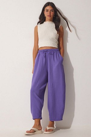 Женские льняные вискозные брюки-шалвар фиолетового цвета с карманами CV00001