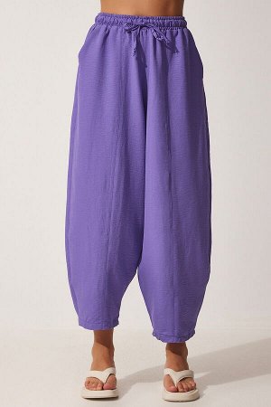 Женские льняные вискозные брюки-шалвар фиолетового цвета с карманами CV00001
