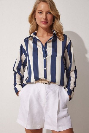 Женская темно-синяя атласная рубашка в кремовую полоску DD01206