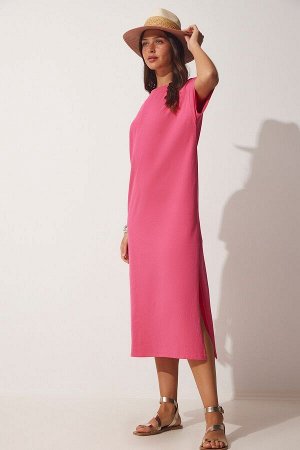 Женское розовое хлопковое летнее повседневное платье из чесаного хлопка UB00080