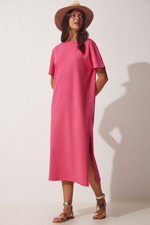 Женское розовое хлопковое летнее повседневное платье из чесаного хлопка UB00080