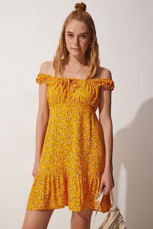 happinessistanbul Женское оранжевое летнее платье из вискозы со сборками с цветочным принтом DD01218