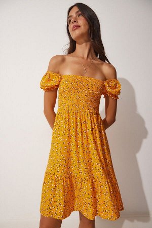 Женское оранжевое летнее вискозное платье с воротником «Кармен» DD01223