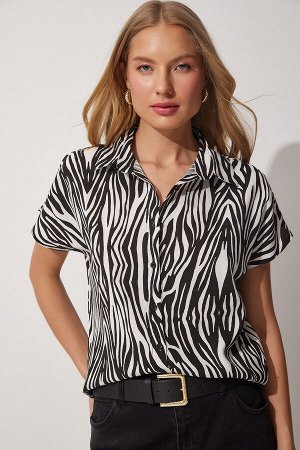 Женская вискозная рубашка с коротким рукавом, черно-белая с цветочным узором BH00408
