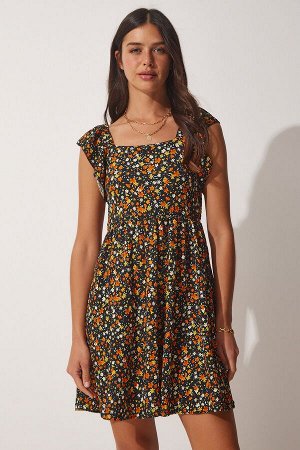 Женское черно-оранжевое летнее вискозное платье с цветочным принтом FF00131