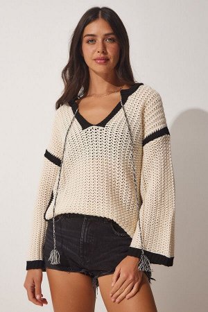 happinessistanbul Женская блузка из сезонного трикотажа с ажурной косточкой MX00101