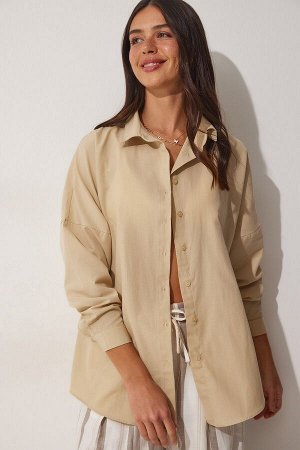 Женская темно-кремовая длинная базовая рубашка оверсайз DD00842