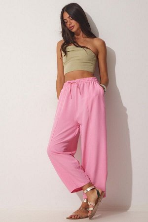 Женские розовые льняные брюки-шалвар DZ00081