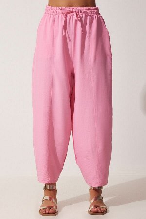 Женские розовые льняные брюки-шалвар DZ00081