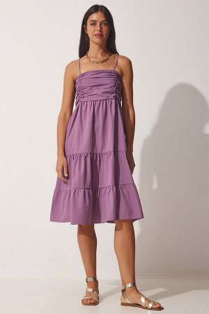 Женское летнее поплиновое платье сиреневого цвета на бретелях с воланами DD01226
