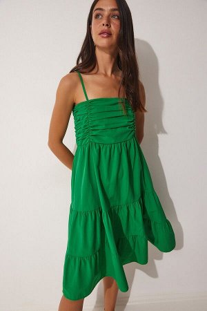 Женское зеленое летнее поплиновое платье с воланами на бретельках DD01226