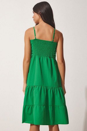 Женское зеленое летнее поплиновое платье с воланами на бретельках DD01226