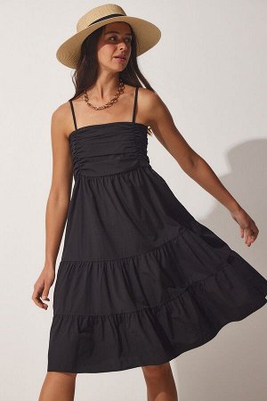 Женское летнее поплиновое платье с воланами черного цвета DD01226