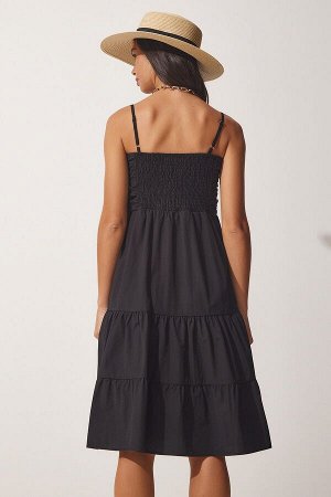 Женское летнее поплиновое платье с воланами черного цвета DD01226