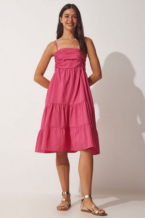 Женское темно-розовое летнее поплиновое платье с оборками на бретелях DD01226