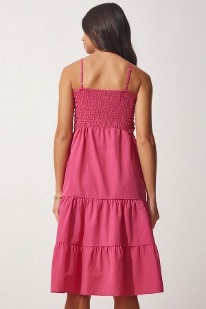 Женское темно-розовое летнее поплиновое платье с оборками на бретелях DD01226