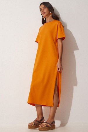 Женское оранжевое хлопковое летнее повседневное платье из чесаного хлопка UB00080