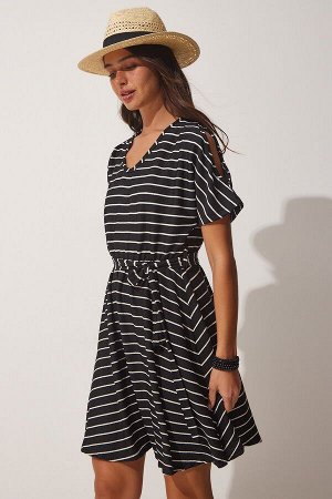 Женское черное летнее повседневное трикотажное платье с вырезами FF00132
